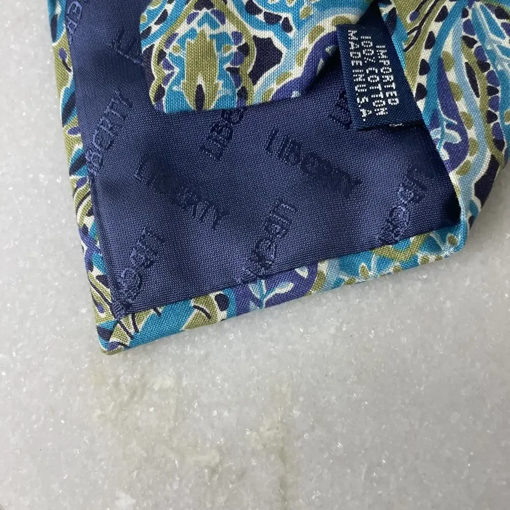 Liberty Of London Floral Mens Tie Cotton 80s 90s Vintage Blue Paisley Leaf Fine